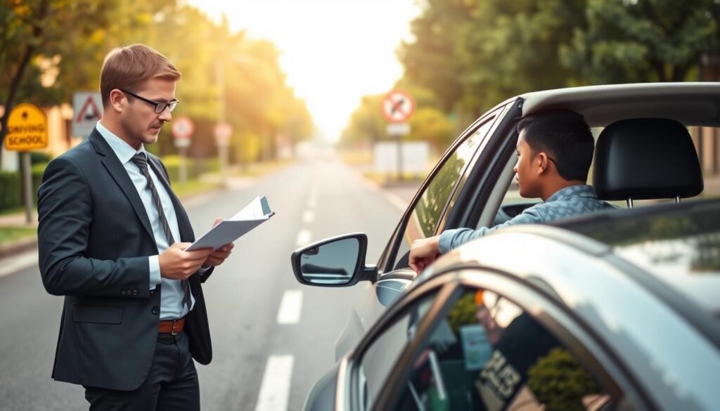 A professional driving instructor standing beside a modern car on a well-maintained road. In the foreground, the instructor, dressed in smart business casual attire, looks attentively at a clipboard, taking notes about student performance. In the middle ground, an open car door reveals a student in the driving seat, focused on operating the vehicle. In the background, visualize a peaceful urban landscape, with traffic signs, a driving school sign, and trees lining the street. Soft, natural lighting creates a warm, inviting atmosphere, suggesting a clear day. The angle should be slightly elevated, capturing the action from a dynamic perspective that highlights the instructor's critical role in shaping driving skills and the factors influencing their salary. A professional driving instructor standing beside a modern car on a well-maintained road. In the foreground, the instructor, dressed in smart business casual attire, looks attentively at a clipboard, taking notes about student performance. In the middle ground, an open car door reveals a student in the driving seat, focused on operating the vehicle. In the background, visualize a peaceful urban landscape, with traffic signs, a driving school sign, and trees lining the street. Soft, natural lighting creates a warm, inviting atmosphere, suggesting a clear day. The angle should be slightly elevated, capturing the action from a dynamic perspective that highlights the instructor's critical role in shaping driving skills and the factors influencing their salary.