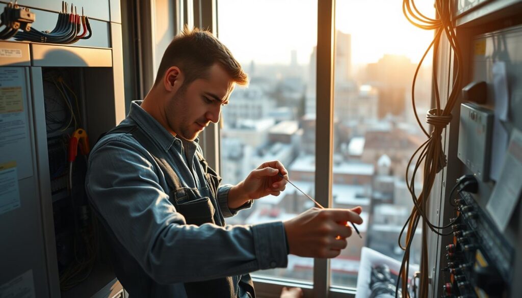 A professional electrician in smart casual clothing is working on a modern electrical panel in an urban setting in Poland. In the foreground, showcase the electrician carefully inspecting wires, illuminated by soft, natural lighting coming from a nearby window, highlighting their focused expression. The middle ground features a well-organized workspace filled with tools and blueprints, conveying a sense of professionalism and preparedness. In the background, a cityscape of Poland’s architecture, subtly hinting at various job opportunities for electricians, including residential, commercial, and industrial settings. The overall mood is optimistic and industrious, suggesting growth and opportunity within the electric field. Capture the image with a slightly angled perspective to add depth and dynamism. A professional electrician in smart casual clothing is working on a modern electrical panel in an urban setting in Poland. In the foreground, showcase the electrician carefully inspecting wires, illuminated by soft, natural lighting coming from a nearby window, highlighting their focused expression. The middle ground features a well-organized workspace filled with tools and blueprints, conveying a sense of professionalism and preparedness. In the background, a cityscape of Poland’s architecture, subtly hinting at various job opportunities for electricians, including residential, commercial, and industrial settings. The overall mood is optimistic and industrious, suggesting growth and opportunity within the electric field. Capture the image with a slightly angled perspective to add depth and dynamism.