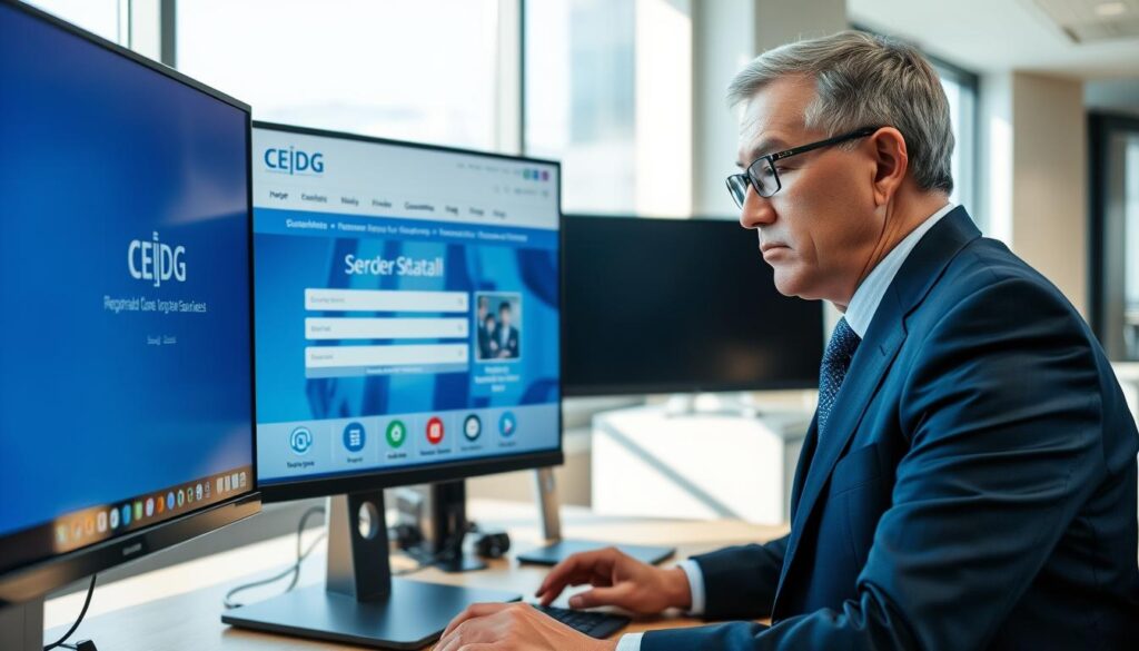 A professional environment showcasing a computer screen displaying the CEIDG (Central Registration and Information on Business) website. In the foreground, a well-dressed businessperson, a middle-aged male wearing a navy suit and glasses, is focused on the screen, actively searching for a company's information. In the middle, a clear view of the CEIDG website interface, featuring a search bar and business data fields, with relevant icons for easy navigation. The background includes an office setting with a large window, allowing natural light to flood in, casting soft shadows in the room. The atmosphere is calm and efficient, emphasizing the importance of checking business credentials through the CEIDG platform. The image is well-lit, capturing a sense of professionalism and trust. A professional environment showcasing a computer screen displaying the CEIDG (Central Registration and Information on Business) website. In the foreground, a well-dressed businessperson, a middle-aged male wearing a navy suit and glasses, is focused on the screen, actively searching for a company's information. In the middle, a clear view of the CEIDG website interface, featuring a search bar and business data fields, with relevant icons for easy navigation. The background includes an office setting with a large window, allowing natural light to flood in, casting soft shadows in the room. The atmosphere is calm and efficient, emphasizing the importance of checking business credentials through the CEIDG platform. The image is well-lit, capturing a sense of professionalism and trust.