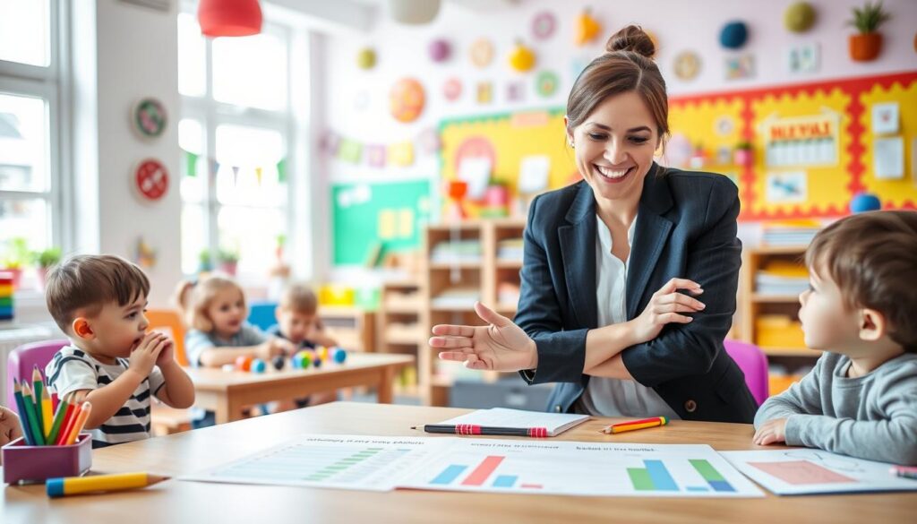 A professional female kindergarten teacher in a colorful classroom setting, engaged in an animated discussion with a group of young children while they play with educational toys. The teacher, dressed in smart casual attire, exudes warmth and enthusiasm. In the foreground, there's a table with charts and documents illustrating factors that influence kindergarten salaries, such as experience, education level, and type of institution (public vs. private). The middle ground features various school-related items, like books and art supplies, creating a vibrant atmosphere. The background is filled with bright, cheerful wall decorations and windows allowing natural light to flood the room, highlighting a friendly and productive environment. The overall mood is uplifting and educational, reflecting the importance of early childhood education. A professional female kindergarten teacher in a colorful classroom setting, engaged in an animated discussion with a group of young children while they play with educational toys. The teacher, dressed in smart casual attire, exudes warmth and enthusiasm. In the foreground, there's a table with charts and documents illustrating factors that influence kindergarten salaries, such as experience, education level, and type of institution (public vs. private). The middle ground features various school-related items, like books and art supplies, creating a vibrant atmosphere. The background is filled with bright, cheerful wall decorations and windows allowing natural light to flood the room, highlighting a friendly and productive environment. The overall mood is uplifting and educational, reflecting the importance of early childhood education.