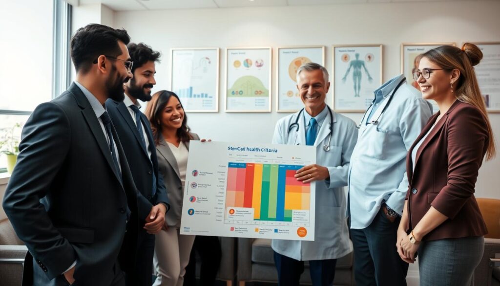 A professional healthcare setting depicting the health status of potential stem cell donors. The foreground features a diverse group of four individuals, dressed in professional business attire, engaging in a discussion with healthcare professionals. They appear healthy and attentive, with smiles that reflect hope. In the middle ground, a doctor is explaining medical charts and diagrams related to donor health criteria, showcasing a detailed chart emphasizing key health indicators. The background consists of a well-lit medical office with framed health posters and comfortable seating, creating a welcoming atmosphere. The lighting is bright and inviting, suggesting a sense of optimism and care. The image captures the serious yet hopeful tone regarding the importance of health for potential donors, emphasizing community and support. A professional healthcare setting depicting the health status of potential stem cell donors. The foreground features a diverse group of four individuals, dressed in professional business attire, engaging in a discussion with healthcare professionals. They appear healthy and attentive, with smiles that reflect hope. In the middle ground, a doctor is explaining medical charts and diagrams related to donor health criteria, showcasing a detailed chart emphasizing key health indicators. The background consists of a well-lit medical office with framed health posters and comfortable seating, creating a welcoming atmosphere. The lighting is bright and inviting, suggesting a sense of optimism and care. The image captures the serious yet hopeful tone regarding the importance of health for potential donors, emphasizing community and support.