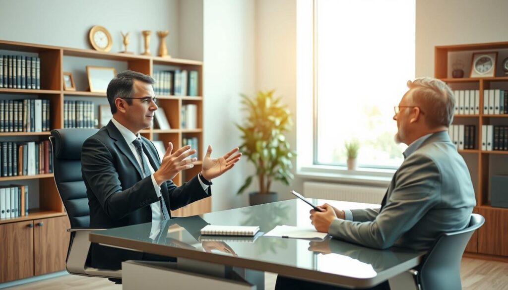 A professional insurance advisor sits at a modern, sleek desk in an office setting, engaging in a consultative discussion with a client. The advisor, dressed in formal business attire, gestures confidently, demonstrating strong communication skills. The client, appearing engaged and interested, is seated across from the advisor, taking notes. In the background, shelves filled with professional books and awards highlight expertise and knowledge. Soft, warm lighting creates an inviting atmosphere, while a window reveals a bright, clear day outside, suggesting optimism and clarity. The composition captures a moment of skillful interaction, emphasizing trust and professionalism in the insurance advisory role. A professional insurance advisor sits at a modern, sleek desk in an office setting, engaging in a consultative discussion with a client. The advisor, dressed in formal business attire, gestures confidently, demonstrating strong communication skills. The client, appearing engaged and interested, is seated across from the advisor, taking notes. In the background, shelves filled with professional books and awards highlight expertise and knowledge. Soft, warm lighting creates an inviting atmosphere, while a window reveals a bright, clear day outside, suggesting optimism and clarity. The composition captures a moment of skillful interaction, emphasizing trust and professionalism in the insurance advisory role.