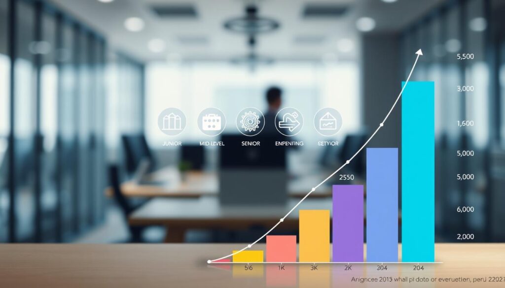 A professional-looking infographic illustrating engineer salaries based on experience levels. In the foreground, a clean, modern graph showcasing different salary ranges for junior, mid-level, and senior engineers, with distinct colors for each category. In the middle, icons representing various engineering fields like civil, mechanical, and software engineering, arranged in a way that connects to the graph. The background features a subtle, blurred office environment with soft, natural lighting to evoke a sense of professionalism and clarity. The perspective should emphasize upward growth, with an optimistic, informative atmosphere. Ensure that all elements are cohesive and visually appealing, without any text or additional annotations. A professional-looking infographic illustrating engineer salaries based on experience levels. In the foreground, a clean, modern graph showcasing different salary ranges for junior, mid-level, and senior engineers, with distinct colors for each category. In the middle, icons representing various engineering fields like civil, mechanical, and software engineering, arranged in a way that connects to the graph. The background features a subtle, blurred office environment with soft, natural lighting to evoke a sense of professionalism and clarity. The perspective should emphasize upward growth, with an optimistic, informative atmosphere. Ensure that all elements are cohesive and visually appealing, without any text or additional annotations.