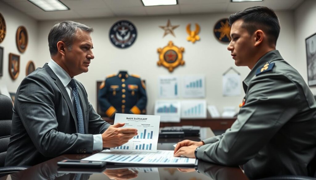 A professional military setting depicting the factors influencing the basic salary of a lieutenant. In the foreground, a well-dressed financial advisor, wearing business attire, is discussing salary components with a young lieutenant in uniform, emphasizing the significance of rank, experience, and bonuses. In the middle ground, charts and graphs are visible on a desk, illustrating various salary determinants like education level and location. The background features an office with military insignia and awards displayed on the walls, adding to the atmosphere of professionalism. The lighting is bright and focused, creating a serious yet engaging mood. The angle should capture both the advisor's and the lieutenant's expressions, emphasizing the importance of the conversation. A professional military setting depicting the factors influencing the basic salary of a lieutenant. In the foreground, a well-dressed financial advisor, wearing business attire, is discussing salary components with a young lieutenant in uniform, emphasizing the significance of rank, experience, and bonuses. In the middle ground, charts and graphs are visible on a desk, illustrating various salary determinants like education level and location. The background features an office with military insignia and awards displayed on the walls, adding to the atmosphere of professionalism. The lighting is bright and focused, creating a serious yet engaging mood. The angle should capture both the advisor's and the lieutenant's expressions, emphasizing the importance of the conversation.
