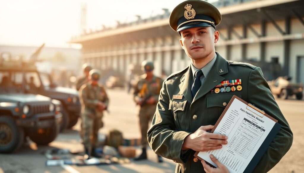 A professional military setting highlighting factors influencing the salary of a professional soldier. In the foreground, a military officer in well-tailored uniform stands confidently, holding a clipboard with financial charts and notes, symbolizing analysis and assessment. In the middle ground, various military attributes such as medals, badges, training gear, and a salary scale chart are displayed, emphasizing different components of military remuneration. In the background, a blurred military base with vehicles and personnel engaged in training fosters a strong atmosphere of discipline and professionalism. The lighting is bright and focused, casting a warm glow, enhancing the serious yet optimistic mood of a prosperous career in the military, captured from a slightly elevated angle to provide depth. A professional military setting highlighting factors influencing the salary of a professional soldier. In the foreground, a military officer in well-tailored uniform stands confidently, holding a clipboard with financial charts and notes, symbolizing analysis and assessment. In the middle ground, various military attributes such as medals, badges, training gear, and a salary scale chart are displayed, emphasizing different components of military remuneration. In the background, a blurred military base with vehicles and personnel engaged in training fosters a strong atmosphere of discipline and professionalism. The lighting is bright and focused, casting a warm glow, enhancing the serious yet optimistic mood of a prosperous career in the military, captured from a slightly elevated angle to provide depth.