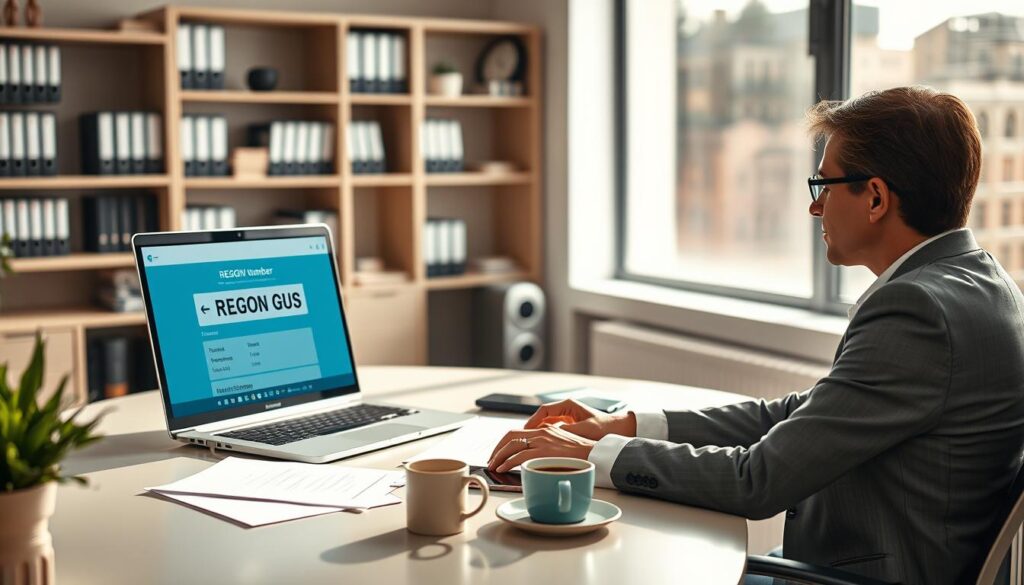 A professional office environment depicting a business person engaged in checking the REGON number in the GUS database. In the foreground, a focused individual in business attire is seated at a modern desk, using a laptop with the GUS website displayed on the screen. The middle layer features a well-organized workspace with documents, a smartphone, and a coffee cup, conveying a sense of productivity. In the background, soft-focus shelves filled with business books and files evoke an atmosphere of professionalism and reliability. Natural light streams through a large window, creating a warm, inviting ambiance, and casting gentle shadows, enhancing the overall clarity and detail of the scene. A professional office environment depicting a business person engaged in checking the REGON number in the GUS database. In the foreground, a focused individual in business attire is seated at a modern desk, using a laptop with the GUS website displayed on the screen. The middle layer features a well-organized workspace with documents, a smartphone, and a coffee cup, conveying a sense of productivity. In the background, soft-focus shelves filled with business books and files evoke an atmosphere of professionalism and reliability. Natural light streams through a large window, creating a warm, inviting ambiance, and casting gentle shadows, enhancing the overall clarity and detail of the scene.