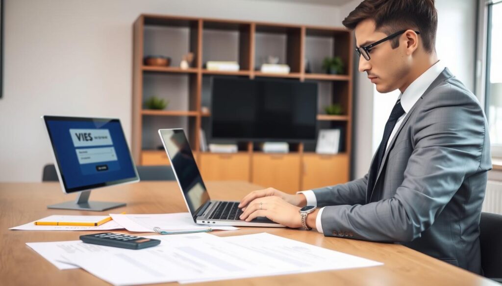 A professional office environment depicting a focused businessperson, dressed in smart business attire, working on a laptop. In the foreground, the individual is shown intently looking at a screen displaying the VIES (VAT Information Exchange System) website. The screen features the EU VAT number verification interface, visible but not detailed. In the middle ground, a modern office desk cluttered with official documents and a calculator, subtly showcasing the theme of financial verification. The background includes shelves with business books and a window letting in soft, natural light, creating a calm and professional atmosphere. Emphasize a sense of diligence and trustworthiness in the scene while ensuring a well-lit, inviting mood. A professional office environment depicting a focused businessperson, dressed in smart business attire, working on a laptop. In the foreground, the individual is shown intently looking at a screen displaying the VIES (VAT Information Exchange System) website. The screen features the EU VAT number verification interface, visible but not detailed. In the middle ground, a modern office desk cluttered with official documents and a calculator, subtly showcasing the theme of financial verification. The background includes shelves with business books and a window letting in soft, natural light, creating a calm and professional atmosphere. Emphasize a sense of diligence and trustworthiness in the scene while ensuring a well-lit, inviting mood.