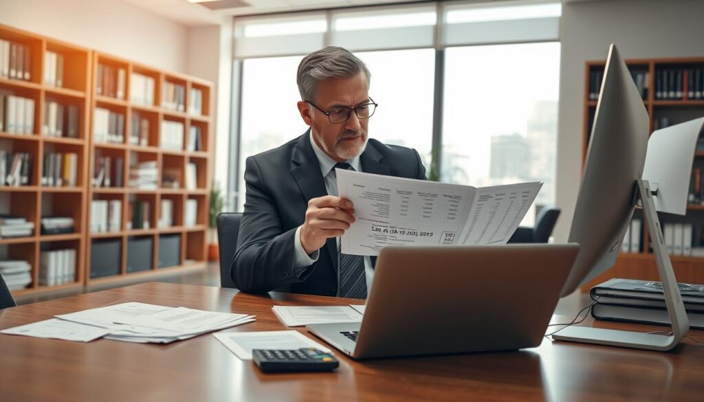 A professional office environment depicting a person in business attire intently researching financial reports on a computer. The foreground features a sleek desk with a laptop displaying a financial database interface, surrounded by paper documents and a calculator. In the middle, the individual, a middle-aged professional, is reviewing a financial statement, with a look of concentration. The background shows a modern office space with bookshelves filled with financial literature and a large window allowing natural light to flood the room, creating a warm and focused atmosphere. The image should have a clear focus on the person and their activity, with soft lighting highlighting the details of the workspace. A professional office environment depicting a person in business attire intently researching financial reports on a computer. The foreground features a sleek desk with a laptop displaying a financial database interface, surrounded by paper documents and a calculator. In the middle, the individual, a middle-aged professional, is reviewing a financial statement, with a look of concentration. The background shows a modern office space with bookshelves filled with financial literature and a large window allowing natural light to flood the room, creating a warm and focused atmosphere. The image should have a clear focus on the person and their activity, with soft lighting highlighting the details of the workspace.