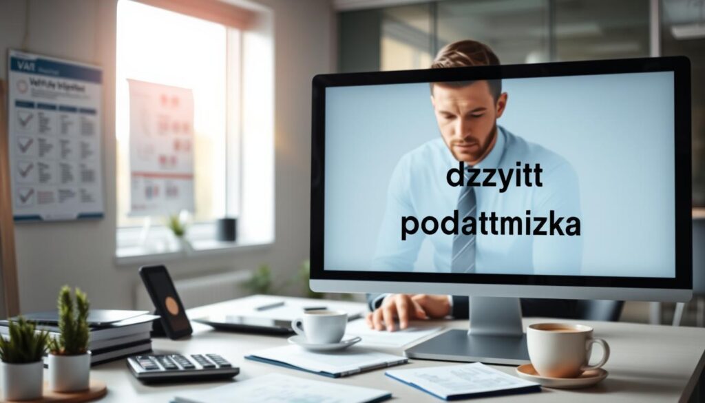 A professional office setting displaying a computer monitor with the words "Odczyt statusu podatnika" on the screen. In the foreground, a businessperson in formal attire, focused and analyzing data on the display. The middle ground features an organized desk with financial documents, a calculator, and a cup of coffee, indicating a busy work environment. The background is softly blurred, showcasing a wall-mounted display of a VAT checklist and a window letting in natural light, creating a bright and productive atmosphere. Soft, diffused lighting accentuates the professionalism of the scene. The overall mood is attentive and diligent, perfect for illustrating a section on checking VAT payer status in a clear, engaging manner. A professional office setting displaying a computer monitor with the words "Odczyt statusu podatnika" on the screen. In the foreground, a businessperson in formal attire, focused and analyzing data on the display. The middle ground features an organized desk with financial documents, a calculator, and a cup of coffee, indicating a busy work environment. The background is softly blurred, showcasing a wall-mounted display of a VAT checklist and a window letting in natural light, creating a bright and productive atmosphere. Soft, diffused lighting accentuates the professionalism of the scene. The overall mood is attentive and diligent, perfect for illustrating a section on checking VAT payer status in a clear, engaging manner.