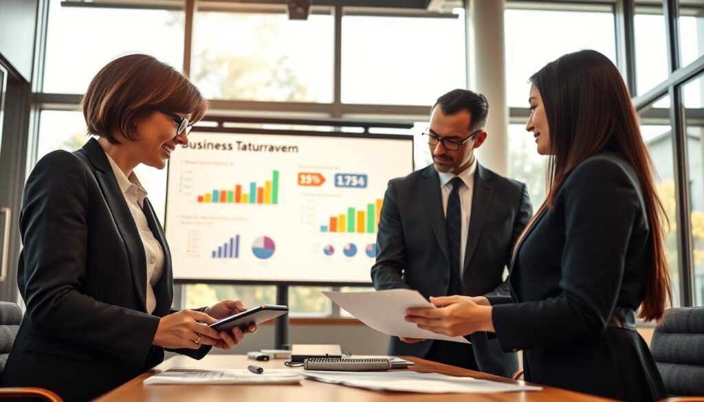 A professional office setting showcasing a business meeting focused on a VAT-exempt company's turnover calculations. In the foreground, a diverse group of three professionals in business attire (a woman with short brown hair, a man with glasses, and a woman with long black hair) are engaged in discussion, examining documents and a calculator. The middle ground features a large presentation screen displaying colorful graphs and charts related to business turnover. In the background, sunlight streams through large windows, creating a bright, optimistic atmosphere. The camera angle captures the group from a slightly elevated perspective, conveying a sense of collaboration and focus, with warm lighting enhancing the professionalism of the scene.
