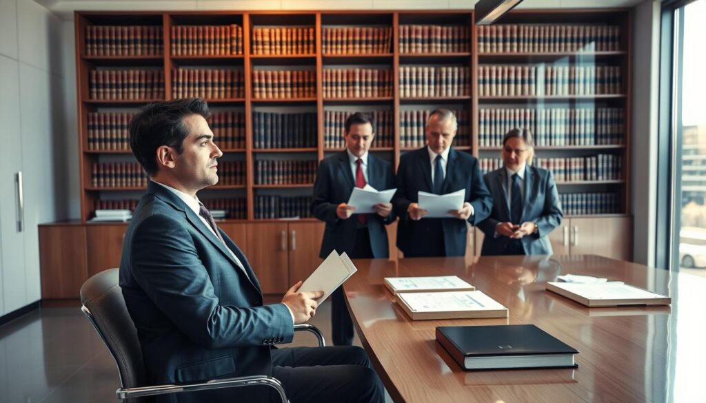 A professional office setting where a thoughtful panel of judges evaluates a court expert candidate. In the foreground, the candidate, dressed in formal business attire, sits confidently, holding a folder of documents while awaiting their assessment. In the middle ground, three judges, also in formal attire, examine the candidate's credentials laid out on a contemporary conference table. The judges exhibit a range of expressions from concentration to approval. In the background, shelves filled with law books give depth to the scene, illuminated by warm, natural lighting streaming through large windows, enhancing the serious yet hopeful atmosphere. The angle is slightly elevated, capturing an overarching view of the evaluation process, emphasizing the importance of this pivotal moment. A professional office setting where a thoughtful panel of judges evaluates a court expert candidate. In the foreground, the candidate, dressed in formal business attire, sits confidently, holding a folder of documents while awaiting their assessment. In the middle ground, three judges, also in formal attire, examine the candidate's credentials laid out on a contemporary conference table. The judges exhibit a range of expressions from concentration to approval. In the background, shelves filled with law books give depth to the scene, illuminated by warm, natural lighting streaming through large windows, enhancing the serious yet hopeful atmosphere. The angle is slightly elevated, capturing an overarching view of the evaluation process, emphasizing the importance of this pivotal moment.