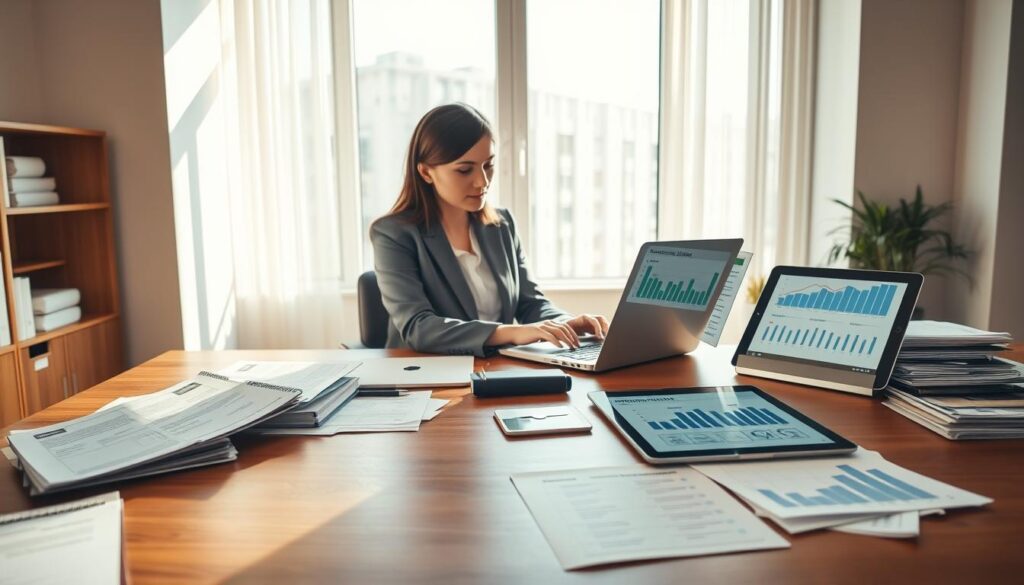 A professional office setting with a sleek wooden desk prominently in the foreground, cluttered with essential documents such as a company registration certificate and printed reports. In the middle ground, a well-dressed businesswoman, focused and diligent, types on a laptop, analyzing data from KRS, REGON, and VAT registers. She is surrounded by files and a digital tablet displaying graphs related to company verification. The background features a large window allowing natural light to flood the room, casting gentle shadows and creating a bright, authoritative atmosphere. The scene conveys a sense of professionalism, precision, and accountability, reflecting the importance of corporate diligence. Soft, warm lighting enhances the reassuring mood, and the focus is sharp on the subject and details on the desk. A professional office setting with a sleek wooden desk prominently in the foreground, cluttered with essential documents such as a company registration certificate and printed reports. In the middle ground, a well-dressed businesswoman, focused and diligent, types on a laptop, analyzing data from KRS, REGON, and VAT registers. She is surrounded by files and a digital tablet displaying graphs related to company verification. The background features a large window allowing natural light to flood the room, casting gentle shadows and creating a bright, authoritative atmosphere. The scene conveys a sense of professionalism, precision, and accountability, reflecting the importance of corporate diligence. Soft, warm lighting enhances the reassuring mood, and the focus is sharp on the subject and details on the desk.
