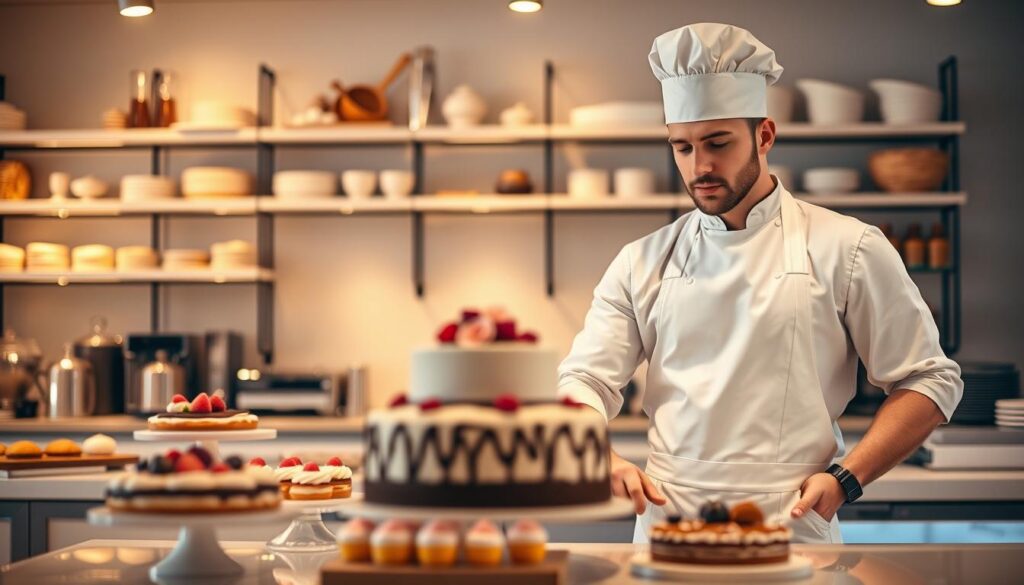 A professional pastry chef in a modern bakery setting, focused on the factors influencing their salary. In the foreground, showcase a chef in a crisp white apron and chef's hat, examining a beautifully designed cake on a work table. The middle ground features enticing pastries and desserts arranged artistically, highlighting the craftsmanship of the baker. The background includes shelves filled with baking tools and ingredients, with warm, inviting lighting illuminating the scene, creating a cozy atmosphere. Capture the chef in an engaged pose, reflecting passion for their work. Use a soft-focus lens for a warm depth, enhancing the atmosphere of professionalism and creativity in the world of baking. A professional pastry chef in a modern bakery setting, focused on the factors influencing their salary. In the foreground, showcase a chef in a crisp white apron and chef's hat, examining a beautifully designed cake on a work table. The middle ground features enticing pastries and desserts arranged artistically, highlighting the craftsmanship of the baker. The background includes shelves filled with baking tools and ingredients, with warm, inviting lighting illuminating the scene, creating a cozy atmosphere. Capture the chef in an engaged pose, reflecting passion for their work. Use a soft-focus lens for a warm depth, enhancing the atmosphere of professionalism and creativity in the world of baking.