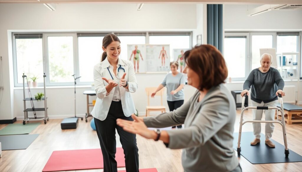 A professional physiotherapist working with a diverse group of patients in a modern clinic setting. In the foreground, a female physiotherapist, dressed in smart professional attire, demonstrates exercises to a middle-aged man recovering from an injury, who is following her instructions with concentration. In the middle ground, another therapist assists an elderly woman with mobility exercises using a walker, showcasing personalized care. The background features equipment like exercise mats, resistance bands, and anatomical charts, creating an environment of rehabilitation and support. Natural light floods the space through large windows, creating a warm and inviting atmosphere. The image conveys a sense of hope, growth, and professional development in the field of physiotherapy. A professional physiotherapist working with a diverse group of patients in a modern clinic setting. In the foreground, a female physiotherapist, dressed in smart professional attire, demonstrates exercises to a middle-aged man recovering from an injury, who is following her instructions with concentration. In the middle ground, another therapist assists an elderly woman with mobility exercises using a walker, showcasing personalized care. The background features equipment like exercise mats, resistance bands, and anatomical charts, creating an environment of rehabilitation and support. Natural light floods the space through large windows, creating a warm and inviting atmosphere. The image conveys a sense of hope, growth, and professional development in the field of physiotherapy.