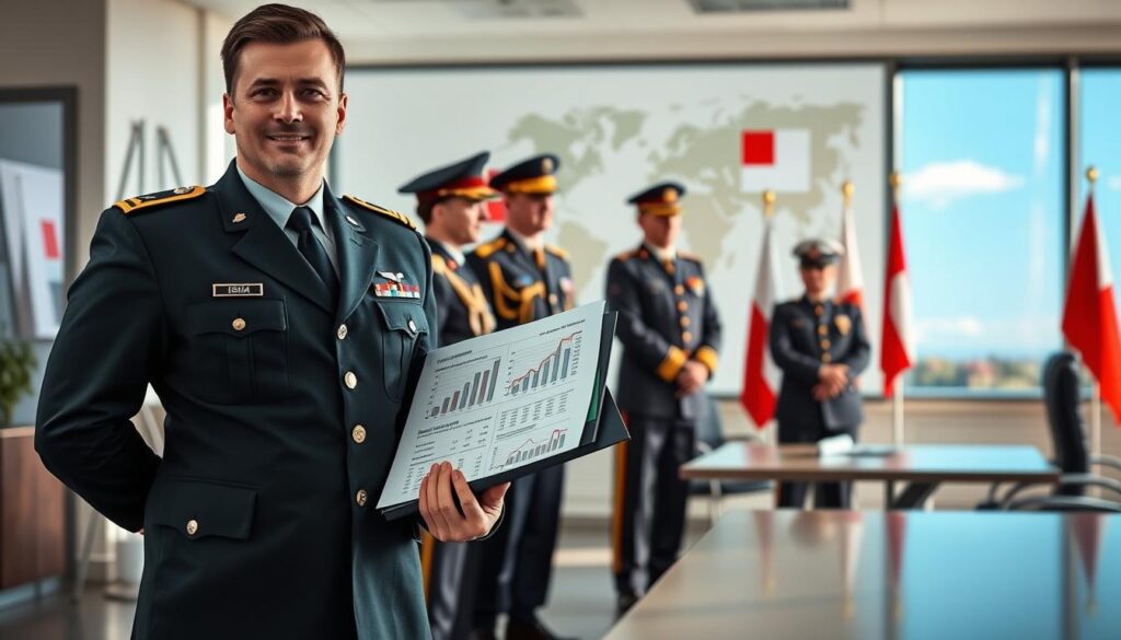 A professional scene depicting the financial earnings of a Polish Army lieutenant in comparison to other officer ranks. In the foreground, a confident Polish lieutenant in a smart military uniform stands proudly, clutching a folder filled with charts and graphs about salary scales. The middle layer features a diverse group of officers from different ranks—captains, majors, and colonels—engaged in a discussion, showcasing a visual hierarchy. In the background, a military office setting with maps of Poland, flags, and a large window revealing a clear blue sky. Soft, natural lighting illuminates the room, creating a sense of transparency and professionalism. The atmosphere conveys ambition, focus, and the notion of teamwork within the military. A professional scene depicting the financial earnings of a Polish Army lieutenant in comparison to other officer ranks. In the foreground, a confident Polish lieutenant in a smart military uniform stands proudly, clutching a folder filled with charts and graphs about salary scales. The middle layer features a diverse group of officers from different ranks—captains, majors, and colonels—engaged in a discussion, showcasing a visual hierarchy. In the background, a military office setting with maps of Poland, flags, and a large window revealing a clear blue sky. Soft, natural lighting illuminates the room, creating a sense of transparency and professionalism. The atmosphere conveys ambition, focus, and the notion of teamwork within the military.