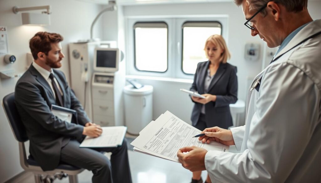 A professional scene showcasing a medical and psychological evaluation process for a train conductor. In the foreground, a focused male doctor in a crisp white coat examines medical charts and tests in a bright, well-equipped clinic. To the left, a suited male conductor, looking attentive and slightly nervous, sits on an examination table, showcasing a mix of professionalism and concern. In the middle ground, a psychologist, a middle-aged woman in business attire, engages in a friendly conversation with the conductor, utilizing a notepad and pen. The background reveals medical equipment and a window with soft natural light entering, creating a calm atmosphere. The overall mood is supportive and professional, emphasizing the importance of health and psychological readiness for the conductor's role. A professional scene showcasing a medical and psychological evaluation process for a train conductor. In the foreground, a focused male doctor in a crisp white coat examines medical charts and tests in a bright, well-equipped clinic. To the left, a suited male conductor, looking attentive and slightly nervous, sits on an examination table, showcasing a mix of professionalism and concern. In the middle ground, a psychologist, a middle-aged woman in business attire, engages in a friendly conversation with the conductor, utilizing a notepad and pen. The background reveals medical equipment and a window with soft natural light entering, creating a calm atmosphere. The overall mood is supportive and professional, emphasizing the importance of health and psychological readiness for the conductor's role.