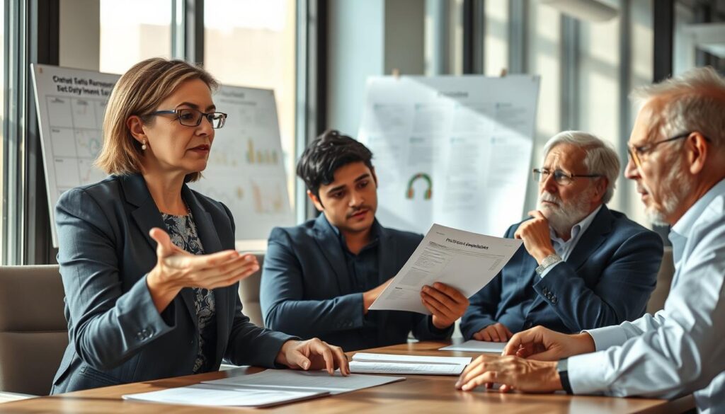 A professional setting depicting a group of diverse individuals seated around a conference table, engaged in discussions about electoral responsibilities. The foreground features a middle-aged woman in professional attire, gesturing as she explains requirements. In the middle, a young man reviewing documents with a notepad, and an older gentleman watching thoughtfully with a pencil behind his ear. The background shows a board with diagrams and election-related charts. Natural light streams in from large windows, creating a collaborative atmosphere. The overall mood is serious yet hopeful, reflecting the importance of civic duty in the electoral process. The image emphasizes teamwork and professionalism while showcasing a modern office environment. A professional setting depicting a group of diverse individuals seated around a conference table, engaged in discussions about electoral responsibilities. The foreground features a middle-aged woman in professional attire, gesturing as she explains requirements. In the middle, a young man reviewing documents with a notepad, and an older gentleman watching thoughtfully with a pencil behind his ear. The background shows a board with diagrams and election-related charts. Natural light streams in from large windows, creating a collaborative atmosphere. The overall mood is serious yet hopeful, reflecting the importance of civic duty in the electoral process. The image emphasizes teamwork and professionalism while showcasing a modern office environment.