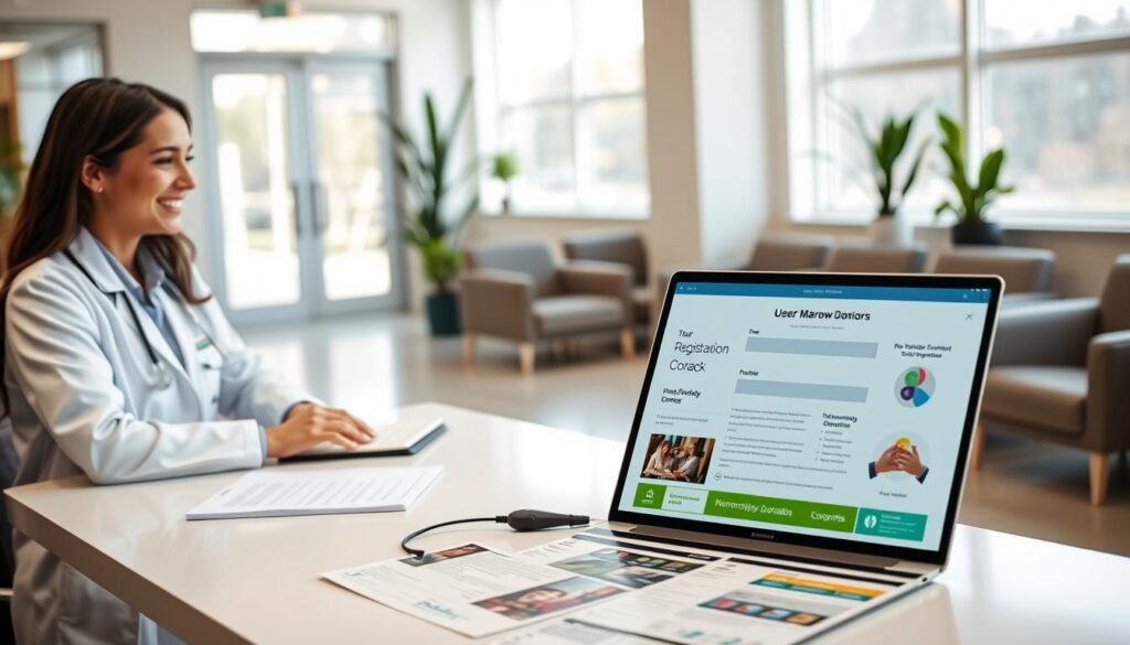 A professional setting showcasing a clean, modern registration office for potential marrow donors. In the foreground, a smiling healthcare professional in a crisp white coat explains the registration process to a prospective donor, who listens attentively while seated at a sleek desk. The middle ground features an open laptop displaying a user-friendly registration form and informational brochures about marrow donation, with a soft-focus background showing a welcoming waiting area with comfortable chairs and plant decorations. Natural light pours through large windows, creating a bright and inviting atmosphere. The overall mood is informative, friendly, and encouraging, conveying hope and the importance of contributing to a lifesaving cause. A professional setting showcasing a clean, modern registration office for potential marrow donors. In the foreground, a smiling healthcare professional in a crisp white coat explains the registration process to a prospective donor, who listens attentively while seated at a sleek desk. The middle ground features an open laptop displaying a user-friendly registration form and informational brochures about marrow donation, with a soft-focus background showing a welcoming waiting area with comfortable chairs and plant decorations. Natural light pours through large windows, creating a bright and inviting atmosphere. The overall mood is informative, friendly, and encouraging, conveying hope and the importance of contributing to a lifesaving cause.