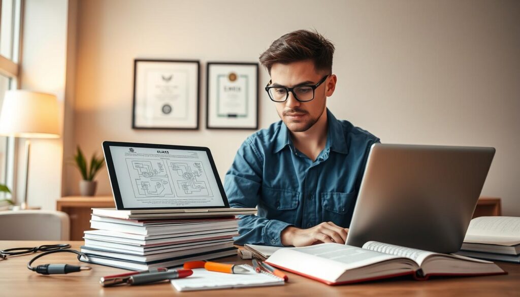 A professional setting showcasing a qualified electrician preparing for the SEP certification exam. In the foreground, a focused male electrician in a smart blue collared shirt and safety glasses is studying with a stack of books and a laptop open, displaying diagrams of electrical circuits. The middle layer features a well-organized desk with tools like pliers, wire strippers, and a notepad with notes, emphasizing the exam preparation. In the background, a framed certificate on the wall signifies achievement, and an inviting office environment with soft, warm lighting creates an inspiring atmosphere. The composition is captured at a slightly elevated angle, offering a clear view of the scene while maintaining a professional and motivational mood. A professional setting showcasing a qualified electrician preparing for the SEP certification exam. In the foreground, a focused male electrician in a smart blue collared shirt and safety glasses is studying with a stack of books and a laptop open, displaying diagrams of electrical circuits. The middle layer features a well-organized desk with tools like pliers, wire strippers, and a notepad with notes, emphasizing the exam preparation. In the background, a framed certificate on the wall signifies achievement, and an inviting office environment with soft, warm lighting creates an inspiring atmosphere. The composition is captured at a slightly elevated angle, offering a clear view of the scene while maintaining a professional and motivational mood.