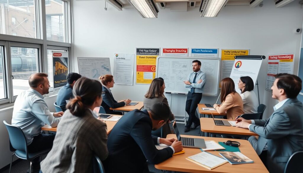 A professional train conductor training scene taking place in a well-lit classroom with large windows. In the foreground, a diverse group of trainees in smart casual clothing sits at desks, focused on their instructor. The instructor stands at a whiteboard, demonstrating important train safety protocols with visual aids. In the middle, there are training materials spread out, including a laptop, notebooks, and railway manuals. The background features posters about train operations and safety regulations. The atmosphere is engaging and collaborative, evoking a sense of professionalism and dedication. Soft natural lighting from the windows enhances the learning environment, while a shallow depth of field emphasizes the trainees' expressions of concentration. A professional train conductor training scene taking place in a well-lit classroom with large windows. In the foreground, a diverse group of trainees in smart casual clothing sits at desks, focused on their instructor. The instructor stands at a whiteboard, demonstrating important train safety protocols with visual aids. In the middle, there are training materials spread out, including a laptop, notebooks, and railway manuals. The background features posters about train operations and safety regulations. The atmosphere is engaging and collaborative, evoking a sense of professionalism and dedication. Soft natural lighting from the windows enhances the learning environment, while a shallow depth of field emphasizes the trainees' expressions of concentration.