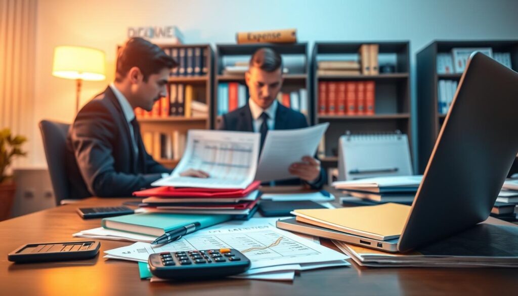 A professional workspace focusing on the theme of expense documentation for a sole proprietorship. In the foreground, a neatly organized desk cluttered with colorful folders labeled “Expenses,” a calculator, and a laptop displaying a spreadsheet. In the middle ground, a professional individual in business attire, looking thoughtfully at a report, with documents spread out for review. The background features shelves filled with books on accounting and tax regulations, along with a calendar indicating important deadlines. Soft, warm lighting illuminates the scene, creating a focused and diligent atmosphere, reminiscent of preparation for an official audit. The angle of the shot is slightly above eye level, providing an intimate yet clear view of the workspace's details. A professional workspace focusing on the theme of expense documentation for a sole proprietorship. In the foreground, a neatly organized desk cluttered with colorful folders labeled “Expenses,” a calculator, and a laptop displaying a spreadsheet. In the middle ground, a professional individual in business attire, looking thoughtfully at a report, with documents spread out for review. The background features shelves filled with books on accounting and tax regulations, along with a calendar indicating important deadlines. Soft, warm lighting illuminates the scene, creating a focused and diligent atmosphere, reminiscent of preparation for an official audit. The angle of the shot is slightly above eye level, providing an intimate yet clear view of the workspace's details.