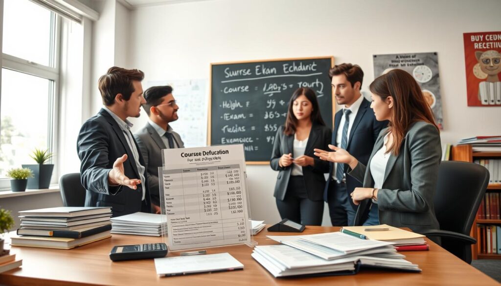 A professionally arranged office setting featuring a desk cluttered with academic materials, including a calculator, stack of textbooks, and exam papers. In the foreground, a diverse group of three students in business casual attire engage in a discussion, gesturing towards a detailed invoice that clearly shows costs related to retaking a subject versus exam fees, emphasizing the economic aspect of education. The middle ground captures a chalkboard filled with calculations and notes, illustrating the financial implications of course repetition. The background should show a well-lit educational environment with shelves of books and a motivational poster about academic success. Soft, natural lighting falls from a large window, creating a focused yet contemplative atmosphere. The scene conveys the seriousness of financial decisions in academia while maintaining a sense of collaboration and support among the students.