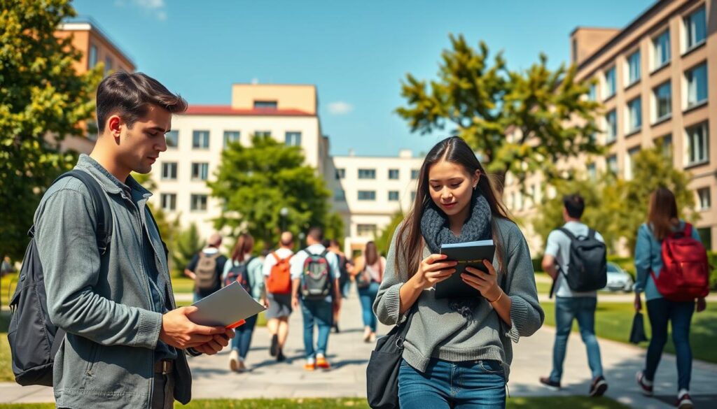 A scene depicting a university campus in Poland, showcasing a diverse group of students engaged in academic activities. In the foreground, a focused male and female student review notes outside on a sunny day, dressed in casual but neat clothing. In the middle ground, several students walk towards a modern university building, carrying backpacks and books, while a few stand in small groups discussing. The background features a blend of traditional and contemporary architecture of university buildings, with green trees and a clear blue sky. The lighting is warm and inviting, highlighting the atmosphere of scholarly camaraderie and ambition. The overall mood is inspirational and academic, capturing the essence of bachelor studies in Poland. A scene depicting a university campus in Poland, showcasing a diverse group of students engaged in academic activities. In the foreground, a focused male and female student review notes outside on a sunny day, dressed in casual but neat clothing. In the middle ground, several students walk towards a modern university building, carrying backpacks and books, while a few stand in small groups discussing. The background features a blend of traditional and contemporary architecture of university buildings, with green trees and a clear blue sky. The lighting is warm and inviting, highlighting the atmosphere of scholarly camaraderie and ambition. The overall mood is inspirational and academic, capturing the essence of bachelor studies in Poland.