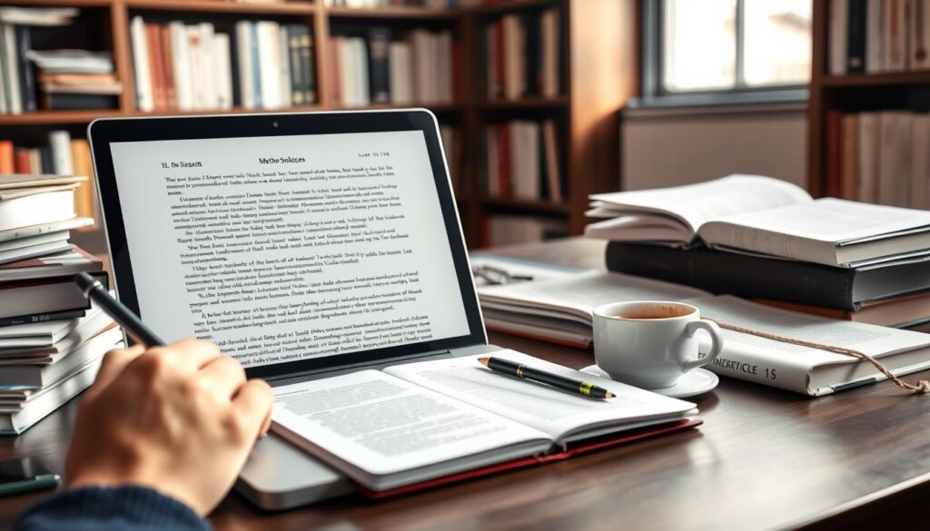 A scholarly workspace, with an open laptop displaying a well-structured academic essay, surrounded by stacks of books and articles on research methodologies. In the foreground, a hand is taking notes on a notepad, emphasizing the importance of citing sources. In the middle, a neatly organized desk features a stylish pen, highlighter, and a cup of coffee, reflecting a professional ambiance. The background showcases a bookshelf filled with academic literature, creating a learned atmosphere. Soft, natural light filters in through a nearby window, casting gentle shadows and highlighting the textures of the materials. The mood is focused, encouraging diligence and integrity in scholarship, emphasizing the ethical use of sources and the avoidance of plagiarism. A scholarly workspace, with an open laptop displaying a well-structured academic essay, surrounded by stacks of books and articles on research methodologies. In the foreground, a hand is taking notes on a notepad, emphasizing the importance of citing sources. In the middle, a neatly organized desk features a stylish pen, highlighter, and a cup of coffee, reflecting a professional ambiance. The background showcases a bookshelf filled with academic literature, creating a learned atmosphere. Soft, natural light filters in through a nearby window, casting gentle shadows and highlighting the textures of the materials. The mood is focused, encouraging diligence and integrity in scholarship, emphasizing the ethical use of sources and the avoidance of plagiarism.