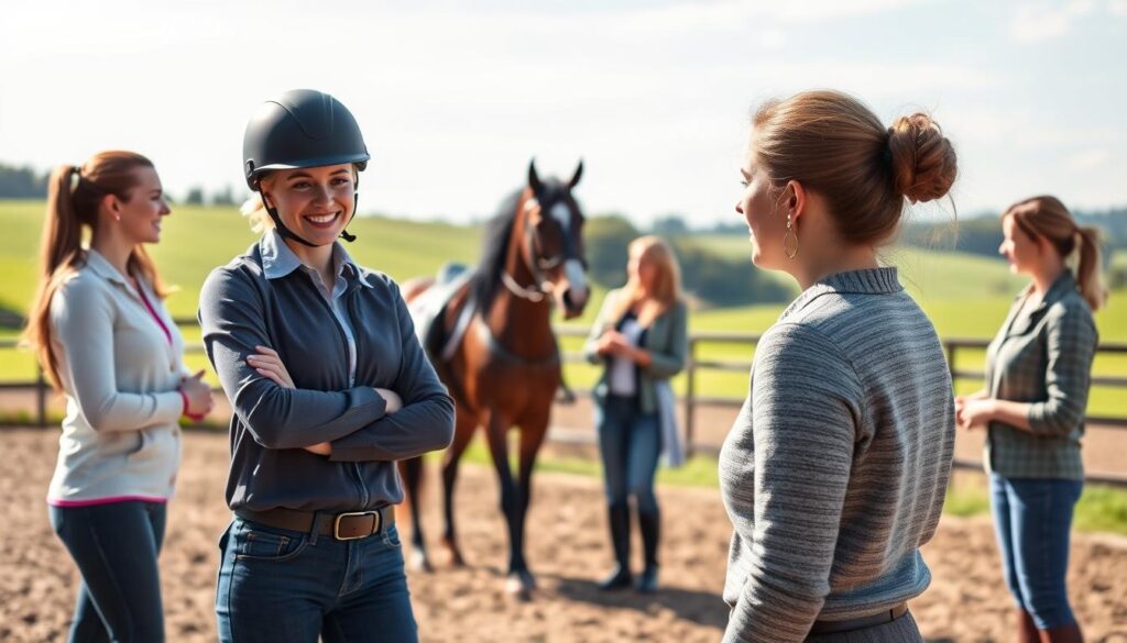 A serene outdoor riding arena showcasing a diverse group of equestrian professionals discussing the factors affecting horseback riding instructor earnings. In the foreground, a confident riding instructor in professional casual attire gives a lesson to a student, emphasizing hands-on training. The middle ground features a couple of instructors exchanging ideas near a well-groomed horse, highlighting collaboration and professional development. The background includes lush green pastures and a clear blue sky, symbolizing the peaceful and open nature of the profession. Soft, warm lighting creates an inviting atmosphere, with a focus on the instructors' engaged expressions, conveying a sense of community and ambition in equestrian training. A serene outdoor riding arena showcasing a diverse group of equestrian professionals discussing the factors affecting horseback riding instructor earnings. In the foreground, a confident riding instructor in professional casual attire gives a lesson to a student, emphasizing hands-on training. The middle ground features a couple of instructors exchanging ideas near a well-groomed horse, highlighting collaboration and professional development. The background includes lush green pastures and a clear blue sky, symbolizing the peaceful and open nature of the profession. Soft, warm lighting creates an inviting atmosphere, with a focus on the instructors' engaged expressions, conveying a sense of community and ambition in equestrian training.