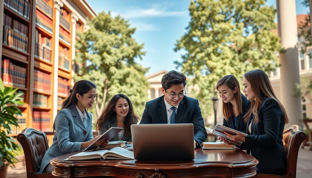A serene university campus scene illustrating legal studies as a foundation for becoming a judge. In the foreground, a diverse group of students in professional attire is engaged in animated discussion, laptops and legal textbooks open in front of them. The middle ground features a classic law library with tall bookshelves filled with legal literature, and a large, ornate wooden table where students are studying together. In the background, clear blue skies and green trees frame the campus, enhancing the scholarly atmosphere. Soft, natural lighting casts a warm glow, creating a focused yet inviting mood. The angle is slightly elevated to capture the camaraderie and dedication of future judges passionately pursuing their legal education. A serene university campus scene illustrating legal studies as a foundation for becoming a judge. In the foreground, a diverse group of students in professional attire is engaged in animated discussion, laptops and legal textbooks open in front of them. The middle ground features a classic law library with tall bookshelves filled with legal literature, and a large, ornate wooden table where students are studying together. In the background, clear blue skies and green trees frame the campus, enhancing the scholarly atmosphere. Soft, natural lighting casts a warm glow, creating a focused yet inviting mood. The angle is slightly elevated to capture the camaraderie and dedication of future judges passionately pursuing their legal education.