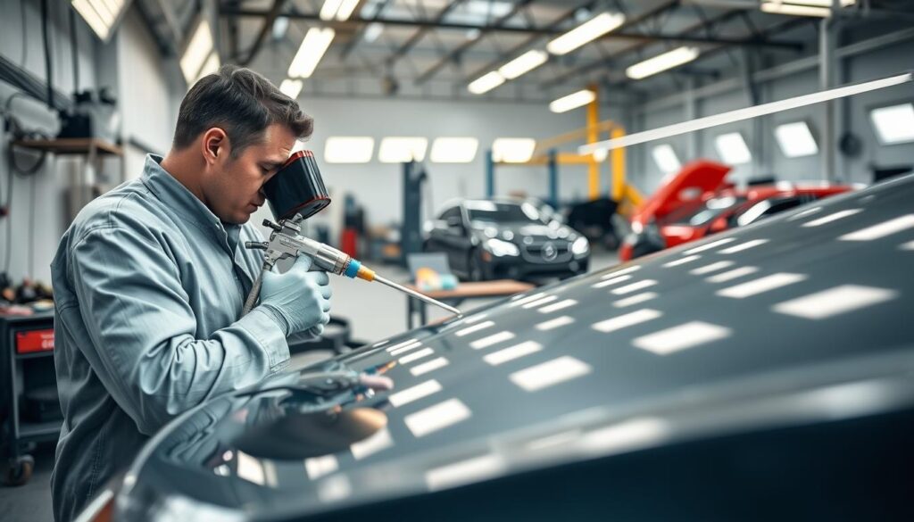 A skilled automotive painter in a modern workshop, diligently applying a glossy coat to a car's surface. In the foreground, the painter, dressed in professional work attire, is focused, using a spray gun with bright paint colors. In the middle ground, a variety of automotive equipment and paint color samples spread out on a workbench can be seen, highlighting the tools of the trade. The background features a well-lit workspace with cars at various stages of painting, showcasing the busy and productive atmosphere. Natural and artificial lighting casts dynamic reflections on the newly painted car, emphasizing craftsmanship. The overall mood conveys professionalism and dedication to skill development in the automotive paint industry.