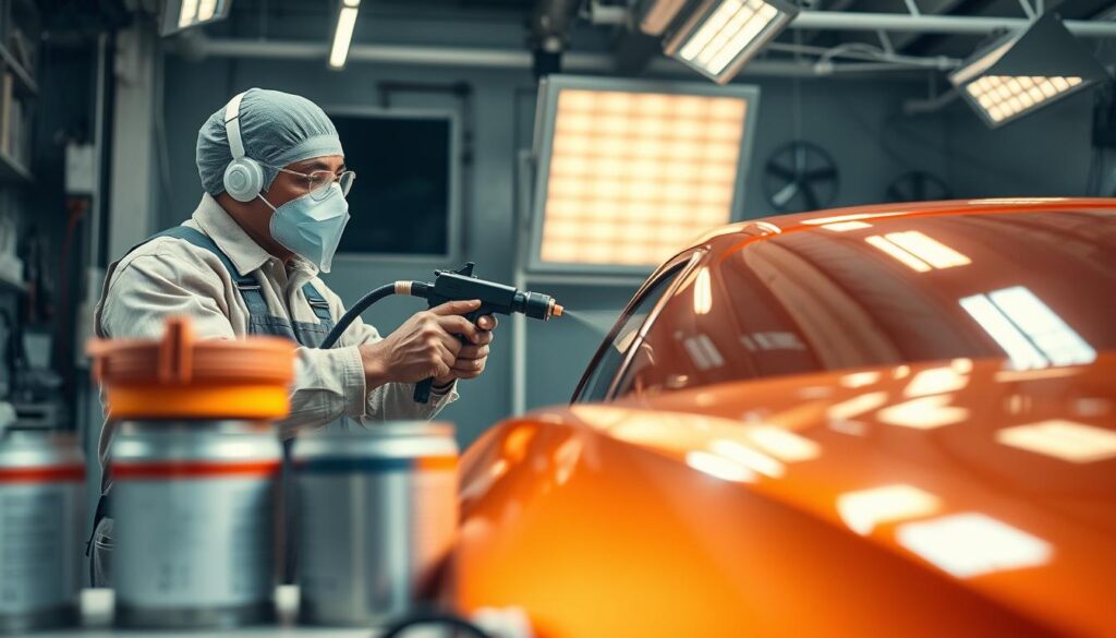 A skilled automotive painter in a professional workshop, focused on applying a glossy paint finish to a car body. The painter, wearing a protective mask and overalls, carefully uses a spray gun to coat the vehicle, surrounded by various tools and equipment typical in a paint shop. In the foreground, paint cans and a color matching device are visible, emphasizing the artistry of color selection. The middle ground features the car in shining shades, reflecting overhead lighting that casts a warm glow across the scene. In the background, paint booths and exhaust fans hint at a busy work environment. The overall atmosphere conveys diligence and craftsmanship, with a strong focus on the precision required in automotive painting. The composition is bright and well-lit, showcasing the detailed textures of paint and metal.
