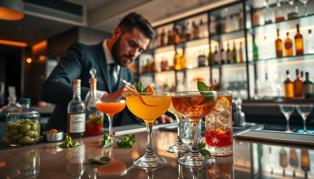 A skilled bartender in a chic, modern bar, showcasing expert mixology techniques. In the foreground, the bartender is in a smart, professional outfit, meticulously crafting a vibrant cocktail with fresh ingredients spread across a polished countertop. A variety of colorful bottles and shiny bar tools create a dynamic composition. In the middle ground, a few glasses filled with various cocktails catch the light, revealing intricate garnishes like citrus twists and mint leaves. The background features a well-lit bar with shelves lined with an array of spirits and decorative glassware, enhancing the atmosphere of sophistication and expertise. Soft, warm lighting casts inviting shadows, creating a lively but professional mood. The angle is slightly elevated, focusing on the bartender’s meticulous actions while capturing the bar's ambiance. A skilled bartender in a chic, modern bar, showcasing expert mixology techniques. In the foreground, the bartender is in a smart, professional outfit, meticulously crafting a vibrant cocktail with fresh ingredients spread across a polished countertop. A variety of colorful bottles and shiny bar tools create a dynamic composition. In the middle ground, a few glasses filled with various cocktails catch the light, revealing intricate garnishes like citrus twists and mint leaves. The background features a well-lit bar with shelves lined with an array of spirits and decorative glassware, enhancing the atmosphere of sophistication and expertise. Soft, warm lighting casts inviting shadows, creating a lively but professional mood. The angle is slightly elevated, focusing on the bartender’s meticulous actions while capturing the bar's ambiance.