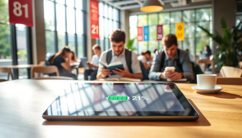A sleek tablet sits on a modern wooden table in a vibrant university café, illuminated by natural sunlight streaming through large windows. In the foreground, the tablet’s display shows a battery percentage symbol, highlighting its strong performance throughout a busy day. A student, dressed in smart casual attire, is focused on taking notes beside the tablet, with a backpack and a coffee cup nearby. The middle ground features other students engaged in study groups, surrounded by books and laptops, creating a lively academic atmosphere. In the background, colorful university banners decorate the walls, and greenery from outside adds a refreshing touch. The overall mood is energetic and productive, capturing the essence of a full day on campus. A sleek tablet sits on a modern wooden table in a vibrant university café, illuminated by natural sunlight streaming through large windows. In the foreground, the tablet’s display shows a battery percentage symbol, highlighting its strong performance throughout a busy day. A student, dressed in smart casual attire, is focused on taking notes beside the tablet, with a backpack and a coffee cup nearby. The middle ground features other students engaged in study groups, surrounded by books and laptops, creating a lively academic atmosphere. In the background, colorful university banners decorate the walls, and greenery from outside adds a refreshing touch. The overall mood is energetic and productive, capturing the essence of a full day on campus.