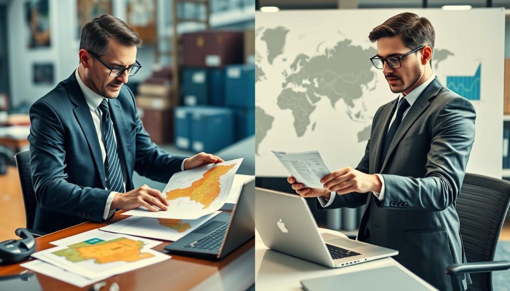 A split-screen image showcasing a national freight forwarder on one side and an international freight forwarder on the other. In the foreground, depict the national freight forwarder, dressed in professional business attire, analyzing documents with a map of the country on a desk filled with shipping papers and a calculator. In contrast, show the international freight forwarder, also in smart business attire, in front of a world map, using a laptop with graphs and charts displaying various currencies. The middle ground shows office items like phones and shipping containers, while the background has a blur of busy office environments. Soft lighting highlights the serious, focused atmosphere, and the angle emphasizes the distinction in their roles and responsibilities.