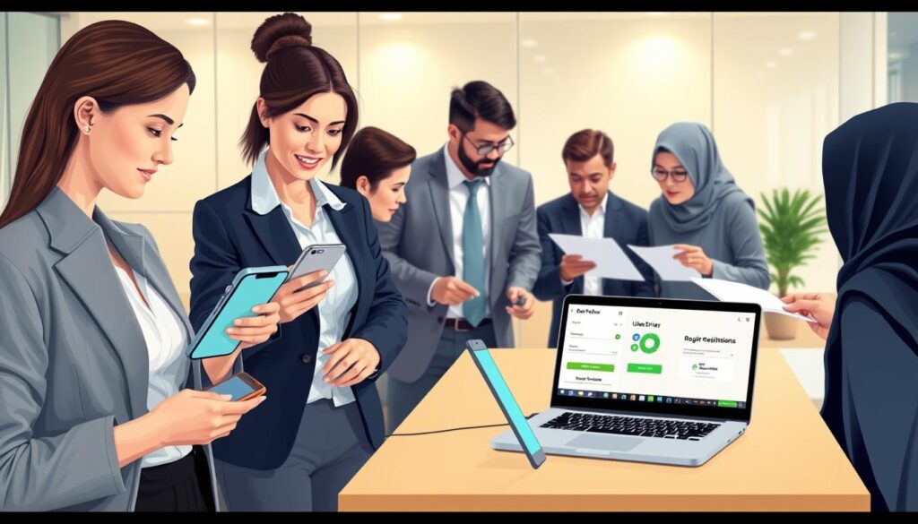 A step-by-step illustration of the Uber Driver registration process, featuring a professional, diverse group of individuals working on their smartphones. In the foreground, a younger woman in business casual attire is confidently using the Uber Driver app, with a focused expression. The middle ground shows a laptop open on a table displaying the registration interface, while another person, a man in formal attire, is discussing requirements with a third individual, a woman in hijab, pointing to documents. The background consists of a modern office setting with soft, ambient lighting, conveying a sense of professionalism and collaboration. The composition captures a clear and informative atmosphere, ideal for understanding the registration steps visually. A step-by-step illustration of the Uber Driver registration process, featuring a professional, diverse group of individuals working on their smartphones. In the foreground, a younger woman in business casual attire is confidently using the Uber Driver app, with a focused expression. The middle ground shows a laptop open on a table displaying the registration interface, while another person, a man in formal attire, is discussing requirements with a third individual, a woman in hijab, pointing to documents. The background consists of a modern office setting with soft, ambient lighting, conveying a sense of professionalism and collaboration. The composition captures a clear and informative atmosphere, ideal for understanding the registration steps visually.