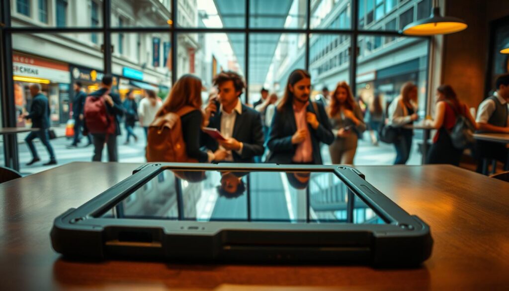 A sturdy tablet resting on a table in a vibrant university café, foreground. The tablet showcases a rugged case with impact protection and a sleek design, symbolizing its durability for student life. In the middle ground, students in professional attire are engaged in conversation and studying, emphasizing the collaborative environment of a university. The background depicts a busy urban street viewed through large windows, with travelers in diverse clothing and backpacks, highlighting the device's resilience while on the go. Soft, natural lighting illuminates the scene, creating an inviting and energetic atmosphere. The chosen angle is slightly above eye level, providing a clear view of both the tablet and the dynamic interactions around it, evoking a sense of stability and readiness for academic challenges. A sturdy tablet resting on a table in a vibrant university café, foreground. The tablet showcases a rugged case with impact protection and a sleek design, symbolizing its durability for student life. In the middle ground, students in professional attire are engaged in conversation and studying, emphasizing the collaborative environment of a university. The background depicts a busy urban street viewed through large windows, with travelers in diverse clothing and backpacks, highlighting the device's resilience while on the go. Soft, natural lighting illuminates the scene, creating an inviting and energetic atmosphere. The chosen angle is slightly above eye level, providing a clear view of both the tablet and the dynamic interactions around it, evoking a sense of stability and readiness for academic challenges.