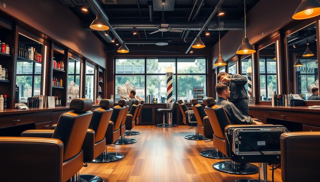A stylish barbershop interior with modern decor, featuring plush leather chairs and sleek wooden workstations. In the foreground, a well-groomed barber in professional attire carefully styles a client's hair, showcasing precision and expertise. The middle ground reveals an array of hair products on the shelves and stylish mirrors reflecting the scene, while a barbershop pole adds a traditional touch. The background includes warm, inviting lighting that creates a cozy atmosphere; large windows allow natural light to filter in, enhancing the vibrant colors of the decor. The overall mood is professional yet relaxed, emphasizing the successful operation of a barbershop and the potential earnings of owning a salon. A stylish barbershop interior with modern decor, featuring plush leather chairs and sleek wooden workstations. In the foreground, a well-groomed barber in professional attire carefully styles a client's hair, showcasing precision and expertise. The middle ground reveals an array of hair products on the shelves and stylish mirrors reflecting the scene, while a barbershop pole adds a traditional touch. The background includes warm, inviting lighting that creates a cozy atmosphere; large windows allow natural light to filter in, enhancing the vibrant colors of the decor. The overall mood is professional yet relaxed, emphasizing the successful operation of a barbershop and the potential earnings of owning a salon.