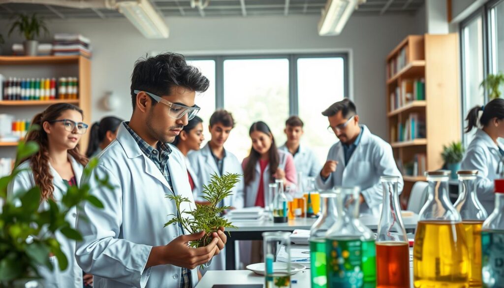 A vibrant, academic scene illustrating the fields of biology, chemistry, and biotechnology. In the foreground, a diverse group of students engaged in hands-on experiments; one is examining plant specimens, while another analyzes chemical reactions at a lab bench, dressed in lab coats and safety goggles. In the middle ground, shelves filled with colorful test tubes, petri dishes, and scientific books create an engaging learning environment. The background features a large window allowing natural light to flood the space, enhancing the atmosphere of curiosity and discovery. The overall mood is energetic and inspiring, emphasizing the interconnectedness of these scientific disciplines, shot with a wide-angle lens to capture the full breadth of the classroom setting. A vibrant, academic scene illustrating the fields of biology, chemistry, and biotechnology. In the foreground, a diverse group of students engaged in hands-on experiments; one is examining plant specimens, while another analyzes chemical reactions at a lab bench, dressed in lab coats and safety goggles. In the middle ground, shelves filled with colorful test tubes, petri dishes, and scientific books create an engaging learning environment. The background features a large window allowing natural light to flood the space, enhancing the atmosphere of curiosity and discovery. The overall mood is energetic and inspiring, emphasizing the interconnectedness of these scientific disciplines, shot with a wide-angle lens to capture the full breadth of the classroom setting.
