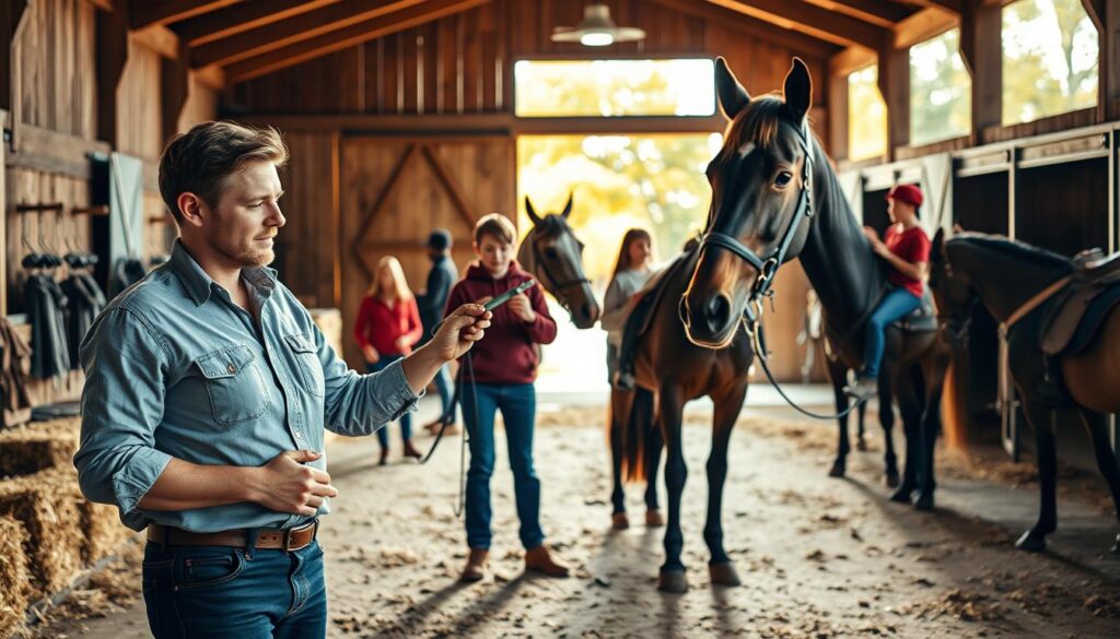 A vibrant and detailed scene depicting the seasonal activities and responsibilities of a horseback riding instructor in a stable. In the foreground, a professional-looking instructor in modest casual clothing is engaging with a horse, demonstrating proper grooming techniques. In the middle ground, several students of varying ages learn to ride, showcasing diverse skill levels. The background features a well-kept stable with hay bales and tack equipment, bathed in warm, natural sunlight filtering through the open barn doors, creating a welcoming atmosphere. The composition captures the essence of outdoor learning and seasonal changes, with hints of autumn colors in the trees outside. The mood is lively and educational, emphasizing the dedication and teamwork involved in equestrian instruction. A vibrant and detailed scene depicting the seasonal activities and responsibilities of a horseback riding instructor in a stable. In the foreground, a professional-looking instructor in modest casual clothing is engaging with a horse, demonstrating proper grooming techniques. In the middle ground, several students of varying ages learn to ride, showcasing diverse skill levels. The background features a well-kept stable with hay bales and tack equipment, bathed in warm, natural sunlight filtering through the open barn doors, creating a welcoming atmosphere. The composition captures the essence of outdoor learning and seasonal changes, with hints of autumn colors in the trees outside. The mood is lively and educational, emphasizing the dedication and teamwork involved in equestrian instruction.