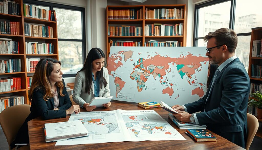 A vibrant and engaging academic setting focused on foreign languages and intercultural communication. In the foreground, a diverse group of three students, dressed in professional attire, are gathered around a table, studying language textbooks and engaging in discussion. The middle ground features a large world map with marked regions that represent different languages, alongside linguistic charts and notes. In the background, shelves filled with books in multiple languages create a scholarly atmosphere. Soft, natural lighting filters through large windows, casting a warm glow over the scene. The mood is collaborative and intellectually stimulating, emphasizing the exploration of languages and cultures. The perspective is slightly elevated, capturing the details of the study space and the interaction among the students. A vibrant and engaging academic setting focused on foreign languages and intercultural communication. In the foreground, a diverse group of three students, dressed in professional attire, are gathered around a table, studying language textbooks and engaging in discussion. The middle ground features a large world map with marked regions that represent different languages, alongside linguistic charts and notes. In the background, shelves filled with books in multiple languages create a scholarly atmosphere. Soft, natural lighting filters through large windows, casting a warm glow over the scene. The mood is collaborative and intellectually stimulating, emphasizing the exploration of languages and cultures. The perspective is slightly elevated, capturing the details of the study space and the interaction among the students.