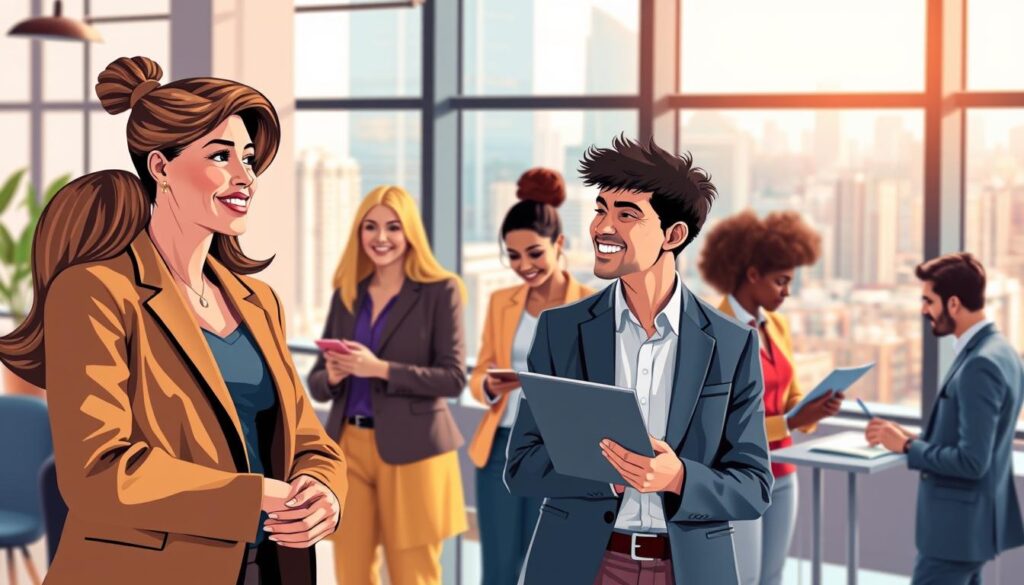 A vibrant and engaging illustration of career prospects for humanities graduates, featuring a diverse group of professionals in a modern office setting. In the foreground, a confident woman in a smart blazer is discussing with a man in a professional suit, both showing interest and enthusiasm. The middle ground showcases a mix of individuals engaged in collaborative work, including a woman analyzing data on a laptop and a man presenting to a small team. In the background, large windows let in natural light, illuminating a bustling cityscape that represents opportunity. The overall atmosphere is dynamic and hopeful, reflecting a bright future for humanities graduates, with warm lighting and a slight blur to emphasize the foreground subjects. A vibrant and engaging illustration of career prospects for humanities graduates, featuring a diverse group of professionals in a modern office setting. In the foreground, a confident woman in a smart blazer is discussing with a man in a professional suit, both showing interest and enthusiasm. The middle ground showcases a mix of individuals engaged in collaborative work, including a woman analyzing data on a laptop and a man presenting to a small team. In the background, large windows let in natural light, illuminating a bustling cityscape that represents opportunity. The overall atmosphere is dynamic and hopeful, reflecting a bright future for humanities graduates, with warm lighting and a slight blur to emphasize the foreground subjects.