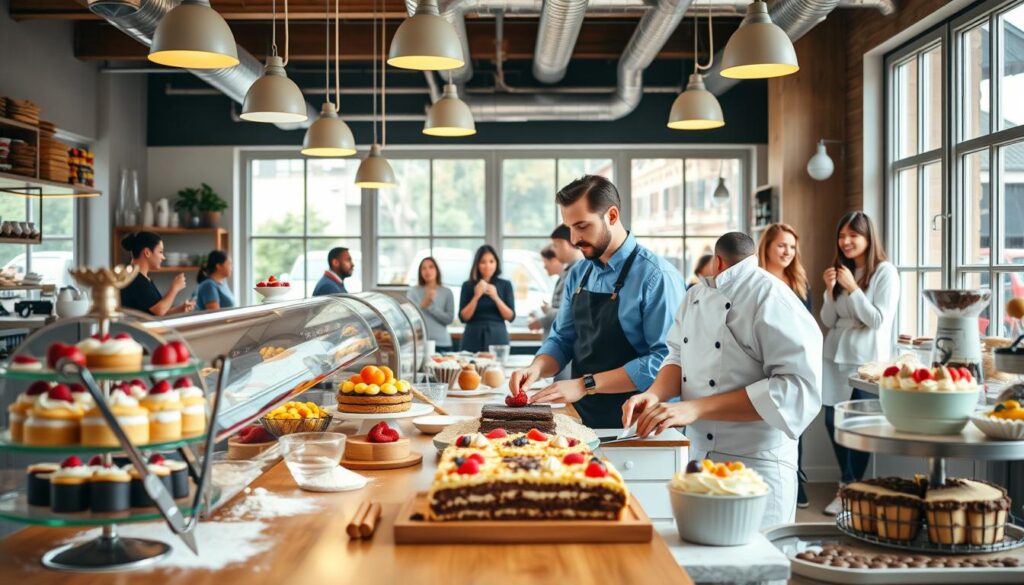 A vibrant and engaging pastry shop scene, showcasing a skilled pastry chef in smart casual attire, focused intently on creating beautiful desserts. In the foreground, a wooden counter displays an array of colorful pastries, cakes, and confections. The middle section features the chef working with fresh ingredients and baking tools, surrounded by flour, fruit, and chocolate, indicating a busy workspace. In the background, large windows provide natural lighting, illuminating the bustling shop with a warm, inviting glow. Customers in the background delight in their treats, conveying a sense of community and success. The overall mood is cheerful and inspiring, illustrating the rewarding experience of running a successful pastry business. A vibrant and engaging pastry shop scene, showcasing a skilled pastry chef in smart casual attire, focused intently on creating beautiful desserts. In the foreground, a wooden counter displays an array of colorful pastries, cakes, and confections. The middle section features the chef working with fresh ingredients and baking tools, surrounded by flour, fruit, and chocolate, indicating a busy workspace. In the background, large windows provide natural lighting, illuminating the bustling shop with a warm, inviting glow. Customers in the background delight in their treats, conveying a sense of community and success. The overall mood is cheerful and inspiring, illustrating the rewarding experience of running a successful pastry business.