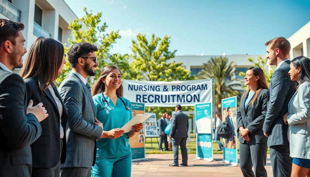 A vibrant and engaging scene depicting a university recruitment event for nursing students. In the foreground, a diverse group of professional individuals, dressed in smart business attire, are enthusiastically discussing nursing programs. One person, a nurse in scrubs, holds a brochure, while others listen intently. In the middle ground, a large banner reading "Nursing Program Recruitment" is clearly visible, surrounded by informational stands showcasing courses and universities. The background features an inviting university campus with modern architecture and greenery, under a bright blue sky. Soft, natural lighting enhances the welcoming atmosphere, capturing the excitement and dedication surrounding the nursing profession. The image conveys a sense of ambition, community, and the path to becoming a nurse. A vibrant and engaging scene depicting a university recruitment event for nursing students. In the foreground, a diverse group of professional individuals, dressed in smart business attire, are enthusiastically discussing nursing programs. One person, a nurse in scrubs, holds a brochure, while others listen intently. In the middle ground, a large banner reading "Nursing Program Recruitment" is clearly visible, surrounded by informational stands showcasing courses and universities. The background features an inviting university campus with modern architecture and greenery, under a bright blue sky. Soft, natural lighting enhances the welcoming atmosphere, capturing the excitement and dedication surrounding the nursing profession. The image conveys a sense of ambition, community, and the path to becoming a nurse.