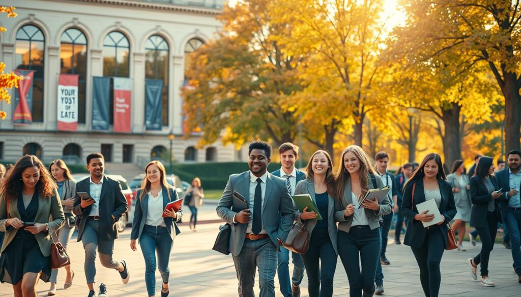 A vibrant university campus scene, capturing the essence of the academic year and the excitement of the first days at college. In the foreground, diverse students in professional business attire walk together, holding textbooks and notebooks, their expressions filled with anticipation and curiosity. The middle ground features a grand university building, arched windows reflecting sunlight, while banners with welcoming messages flutter in the gentle breeze. In the background, tall trees burst with autumn colors, and students can be seen engaging in lively discussions. The warm, golden hour light casts a joyful, inviting atmosphere over the scene. Use a slightly elevated angle for a more dynamic view that encapsulates the bustling energy of campus life. A vibrant university campus scene, capturing the essence of the academic year and the excitement of the first days at college. In the foreground, diverse students in professional business attire walk together, holding textbooks and notebooks, their expressions filled with anticipation and curiosity. The middle ground features a grand university building, arched windows reflecting sunlight, while banners with welcoming messages flutter in the gentle breeze. In the background, tall trees burst with autumn colors, and students can be seen engaging in lively discussions. The warm, golden hour light casts a joyful, inviting atmosphere over the scene. Use a slightly elevated angle for a more dynamic view that encapsulates the bustling energy of campus life.