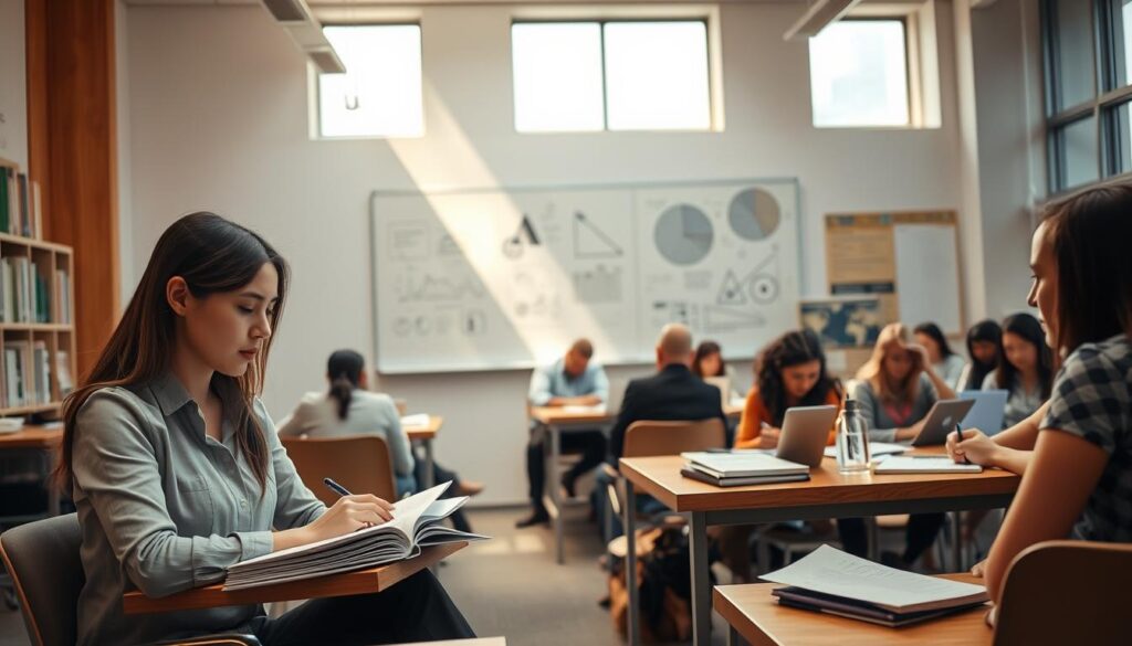 A vibrant university classroom setting filled with diverse students engaged in learning. In the foreground, a focused young woman in professional attire sits at her desk, taking notes from an open textbook, while a male student beside her participates in a lively discussion. In the middle ground, a whiteboard covered with complex diagrams and graphs illustrates various subjects being studied. Light streams in through large windows, casting a warm glow across the scene, creating an inviting academic atmosphere. In the background, other students work together at tables, collaborating on projects and studying diligently. The overall mood is one of motivation, scholarship, and camaraderie, reflecting the journey of academic achievement and the process of earning credits across semesters. A vibrant university classroom setting filled with diverse students engaged in learning. In the foreground, a focused young woman in professional attire sits at her desk, taking notes from an open textbook, while a male student beside her participates in a lively discussion. In the middle ground, a whiteboard covered with complex diagrams and graphs illustrates various subjects being studied. Light streams in through large windows, casting a warm glow across the scene, creating an inviting academic atmosphere. In the background, other students work together at tables, collaborating on projects and studying diligently. The overall mood is one of motivation, scholarship, and camaraderie, reflecting the journey of academic achievement and the process of earning credits across semesters.