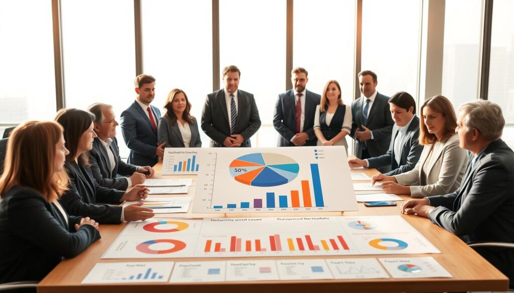 A visual representation of the electoral process for a municipal council, focusing on the division of votes and mandates. In the foreground, a diverse group of professional individuals, dressed in business attire, is engaged in a discussion around a table filled with charts and graphs displaying voting statistics and electoral outcomes. In the middle, a large pie chart illustrating the percentage of votes received by different candidates, alongside a bar graph showing the distribution of mandates. The background features a modern office setting with large windows, letting in soft daylight that creates a bright and professional atmosphere. The overall mood is focused and analytical, conveying the importance of understanding how votes translate into council seats. A visual representation of the electoral process for a municipal council, focusing on the division of votes and mandates. In the foreground, a diverse group of professional individuals, dressed in business attire, is engaged in a discussion around a table filled with charts and graphs displaying voting statistics and electoral outcomes. In the middle, a large pie chart illustrating the percentage of votes received by different candidates, alongside a bar graph showing the distribution of mandates. The background features a modern office setting with large windows, letting in soft daylight that creates a bright and professional atmosphere. The overall mood is focused and analytical, conveying the importance of understanding how votes translate into council seats.