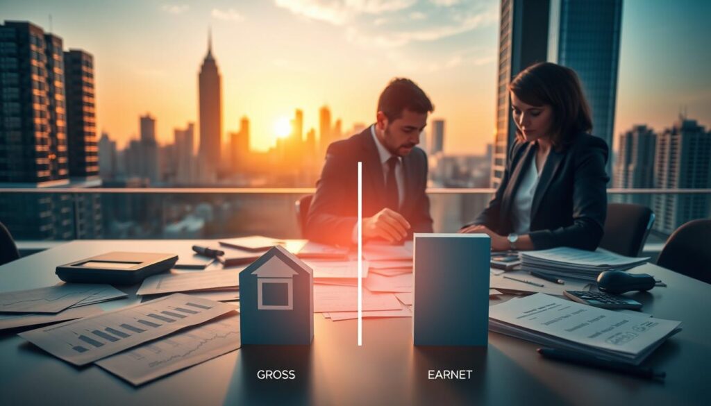 A visually engaging infographic portraying the comparison of gross and net salaries in the real estate market. In the foreground, a detailed bar graph shows contrasting figures representing gross and net earnings, with corresponding icons of a house and money bag for clarity. The middle section features professional individuals, dressed in smart business attire, discussing over a table cluttered with financial papers and calculators. In the background, a stylish urban skyline at sunset casts warm light, emphasizing a bustling city life. Soft shadows enhance depth, and a subtle glow highlights the key information on the graph. The overall atmosphere is professional and informative, inviting viewers to explore the complexities of earnings in real estate. A visually engaging infographic portraying the comparison of gross and net salaries in the real estate market. In the foreground, a detailed bar graph shows contrasting figures representing gross and net earnings, with corresponding icons of a house and money bag for clarity. The middle section features professional individuals, dressed in smart business attire, discussing over a table cluttered with financial papers and calculators. In the background, a stylish urban skyline at sunset casts warm light, emphasizing a bustling city life. Soft shadows enhance depth, and a subtle glow highlights the key information on the graph. The overall atmosphere is professional and informative, inviting viewers to explore the complexities of earnings in real estate.