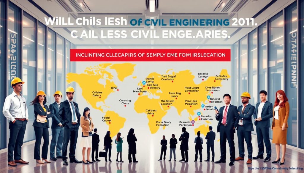 A visually engaging infographic showcasing the impact of location and employment form on civil engineering salaries. In the foreground, display a diverse group of engineers in professional attire, each representing different regions and employment types. The middle ground features a stylized map highlighting various cities with specific salary data points, using vibrant colors to illustrate differences. The background should present a modern office environment, conveying a professional atmosphere with soft, warm lighting for an inviting feel. Incorporate architectural elements subtly throughout the design, creating a harmonious blend of industries. The mood should be informative yet inspiring, emphasizing growth and opportunity within the civil engineering sector. A visually engaging infographic showcasing the impact of location and employment form on civil engineering salaries. In the foreground, display a diverse group of engineers in professional attire, each representing different regions and employment types. The middle ground features a stylized map highlighting various cities with specific salary data points, using vibrant colors to illustrate differences. The background should present a modern office environment, conveying a professional atmosphere with soft, warm lighting for an inviting feel. Incorporate architectural elements subtly throughout the design, creating a harmonious blend of industries. The mood should be informative yet inspiring, emphasizing growth and opportunity within the civil engineering sector.