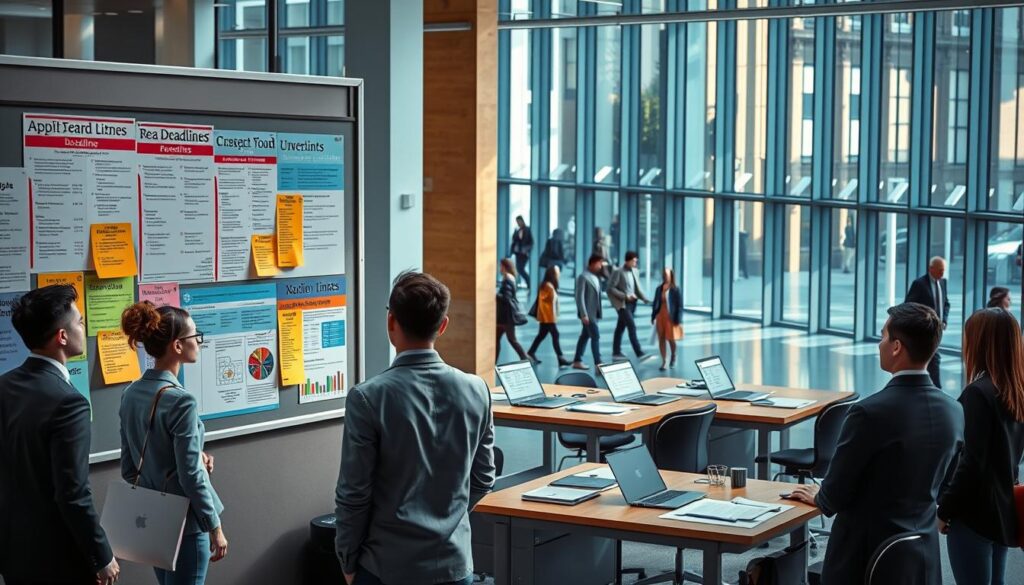 A visually engaging scene depicting a university setting, focusing on deadlines and payment processes related to academic requirements. In the foreground, a diverse group of students in professional business attire is gathered around a large bulletin board filled with colorful flyers and notices about application deadlines and fee structures. In the middle ground, there are desks with laptops, charts, and paperwork symbolizing the administrative aspect of education, illuminated by soft, natural light spilling through large windows. The background features a modern university building with students walking in and out, creating a lively atmosphere. The overall mood is focused yet optimistic, reflecting dedication and determination in the pursuit of academic goals.